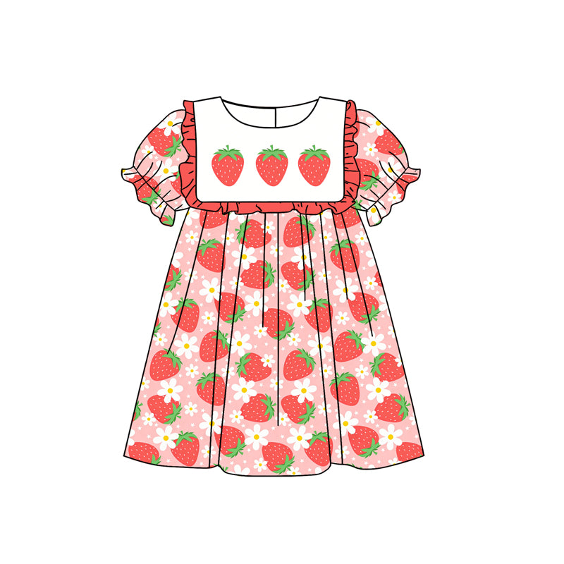 MOQ 5 PCS Preorder GSD3508 Strawberry Flower Red Ruffle Short Sleeve Dresses for Girls 202512