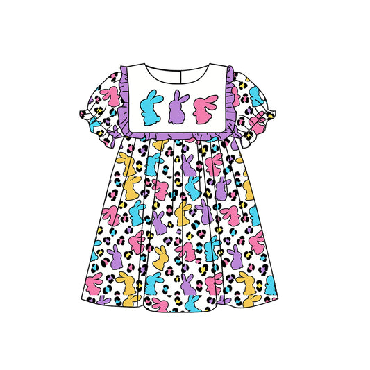 MOQ 5 PCS Preorder GSD3509 Easter Colored Bunny Leopard Purple Ruffle Short Sleeve Dresses for Girls 202512