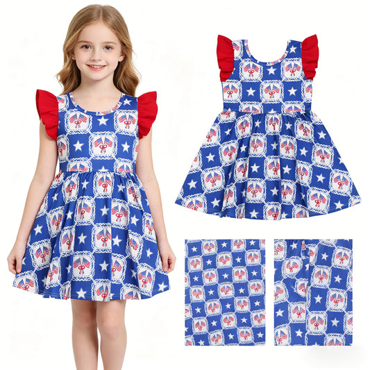 GSD3514 4th of July Star Flag Bows Plaid Red Flying Sleeve Dresses for Girls 202605 RTS