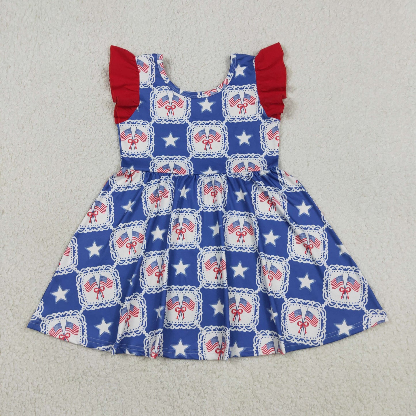 GSD3514 4th of July Star Flag Bows Plaid Red Flying Sleeve Dresses for Girls 202605 RTS
