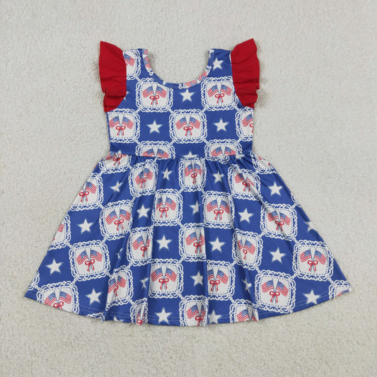 GSD3514 4th of July Star Flag Bows Plaid Red Flying Sleeve Dresses for Girls 202605 RTS