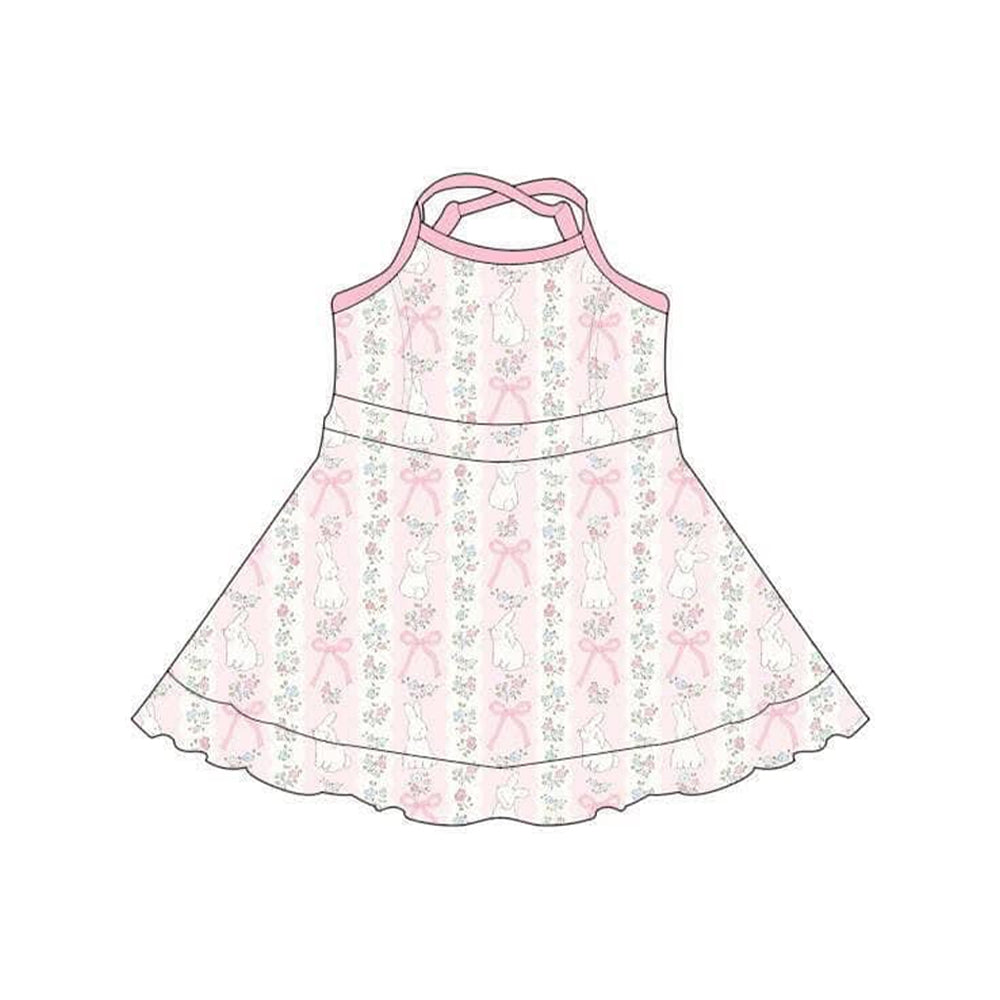 MOQ 5 preorder GSD3517 Easter Bunny Flower Bows Pink Polo Yoga Halter Dresses for Girls 202512