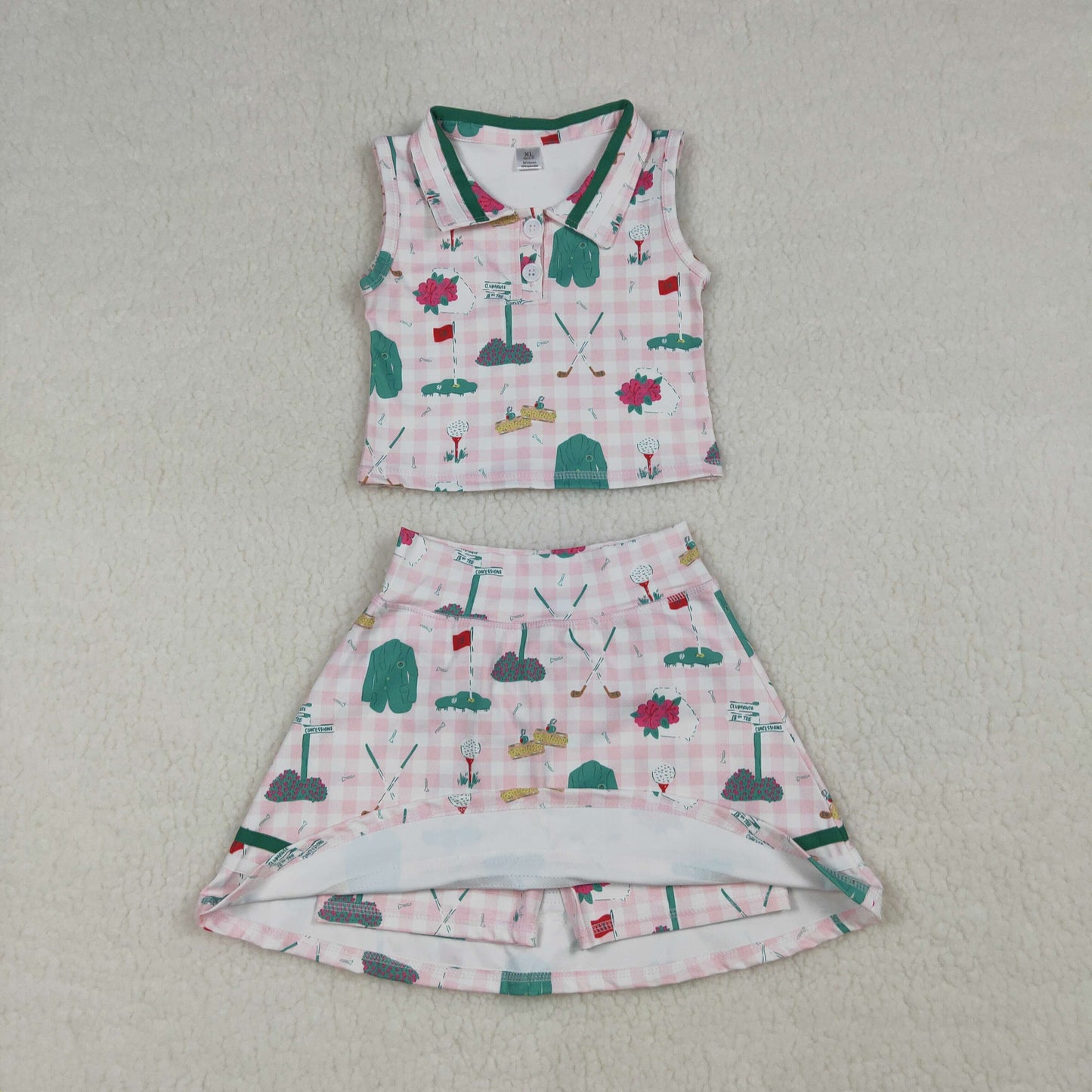 GSD3520 Golf Pattern Pink Plaid Sleeveless Top with Skirts for Girls Yoga Sets 202603 RTS