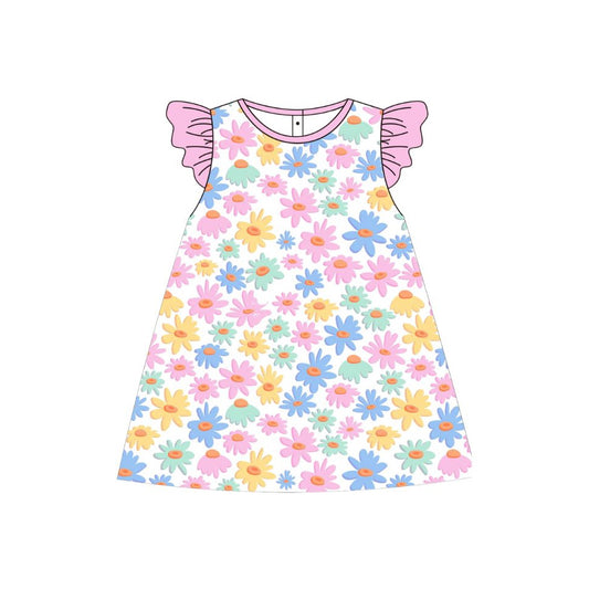 MOQ 5 PCS Preorder GSD3521 Colored Flower Pink Flying Sleeve Dresses for Girls 202512