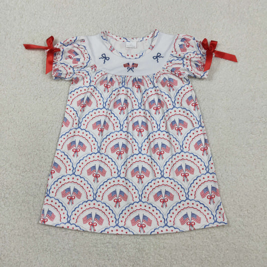 GSD3525 Embroidered 4th of July Bows Flag Short Sleeve Dresses for Girls 202602 RTS