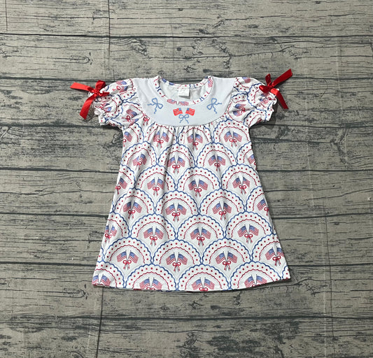 NO MOQ Preorder GSD3525 Embroidered 4th of July Bows Flag Short Sleeve Dresses for Girls 202601
