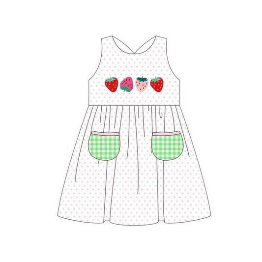 MOQ 5 PCS Preorder GSD3535 Strawberry Dots Green Plaid Pocket White Sleeveless Dresses for Girls 202601