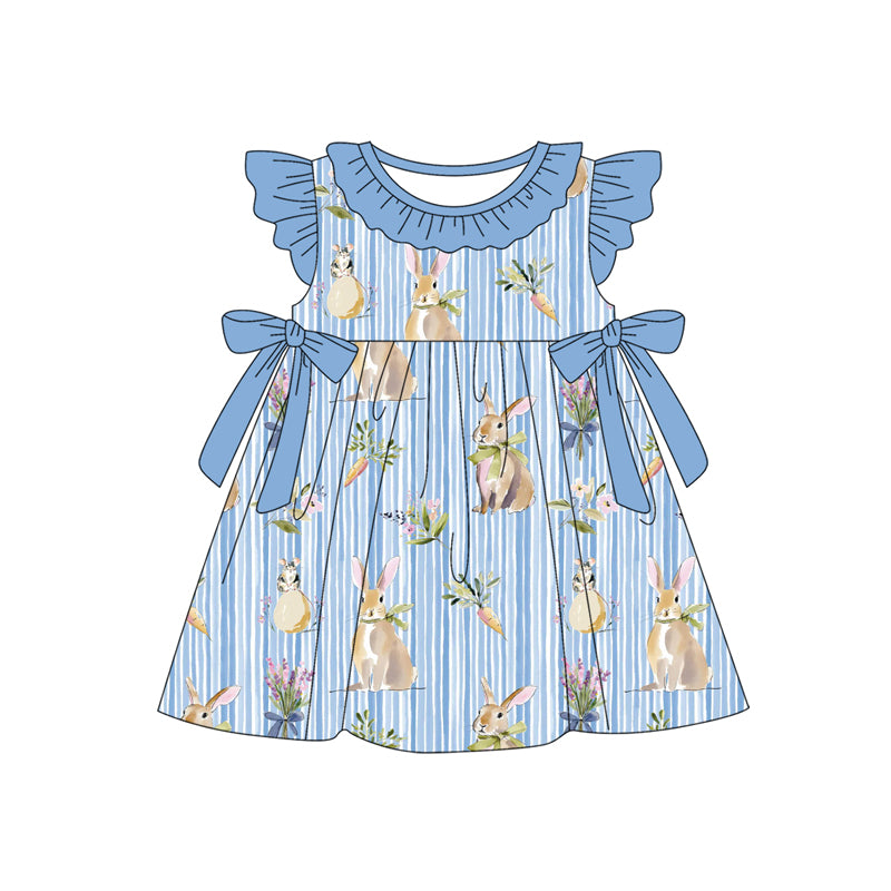 MOQ 5 PCS Preorder GSD3536 Easter Bunny Stripe Bows Blue Ruffle Flying Sleeve Dresses for Girls 202601