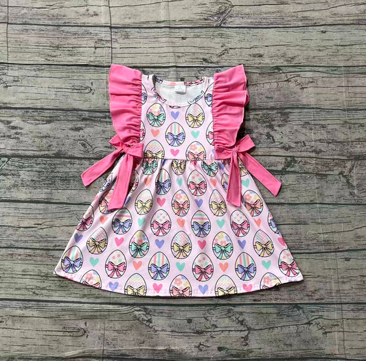 NO MOQ Preorder GSD3537 Easter Colored Eggs Pink Bows Ruffle Sleeveless Dresses for Girls 202601