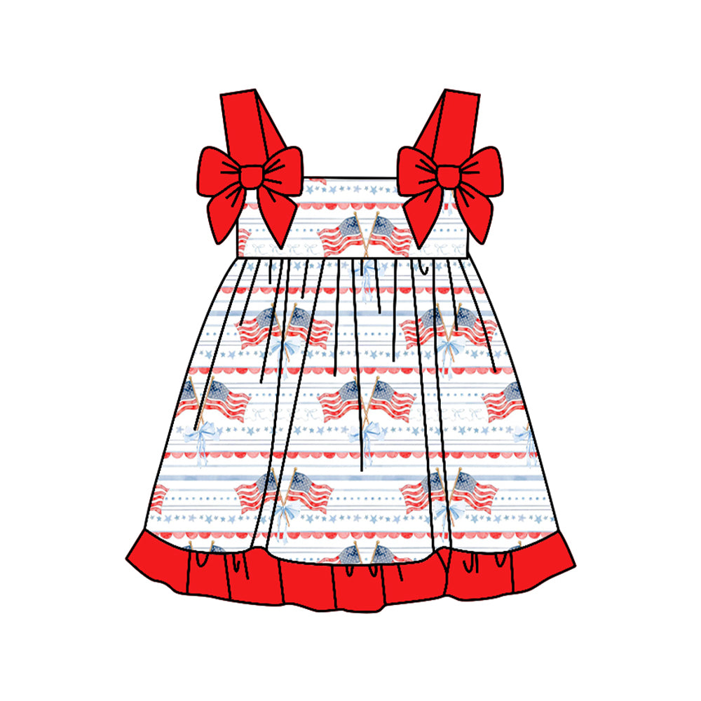 MOQ 5 PCS Preorder GSD3538 4th of July Flag Bows Red Ruffle Sleeveless Dresses for Girls 202601