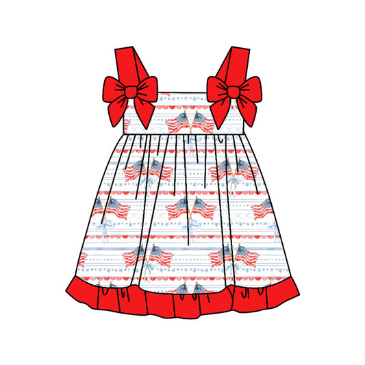 MOQ 5 PCS Preorder GSD3538 4th of July Flag Bows Red Ruffle Sleeveless Dresses for Girls 202601