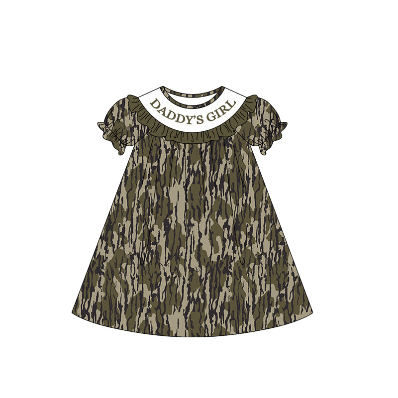 MOQ 5 PCS Preorder GSD3540 DADDY'S GIRL Ruffle Army Green Brown Camouflage Leaf Short Sleeve Dresses for Girls 202601