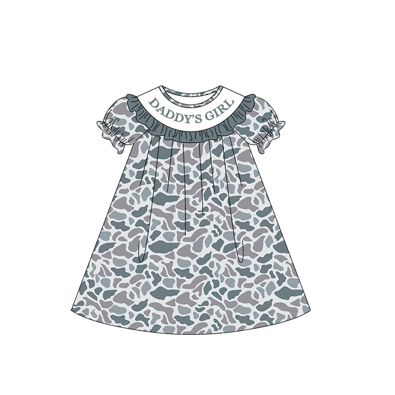 MOQ 5 PCS Preorder GSD3541 DADDY'S GIRL Ruffle Gray Blue Camouflage Short Sleeve Dresses for Girls 202601