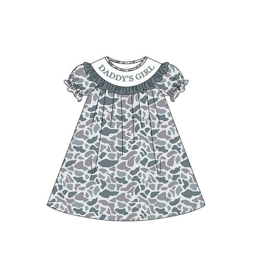 MOQ 5 PCS Preorder GSD3541 DADDY'S GIRL Ruffle Gray Blue Camouflage Short Sleeve Dresses for Girls 202601