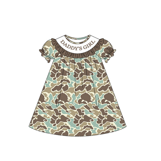 MOQ 5 PCS Preorder GSD3542 DADDY'S GIRL Ruffle Blue Green Brown Camouflage Short Sleeve Dresses for Girls 202601