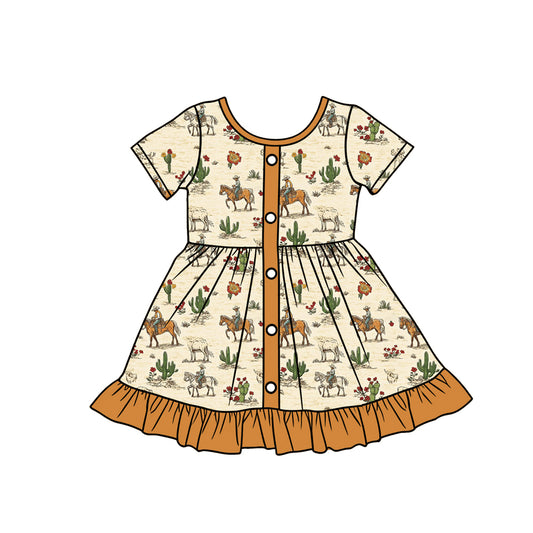 MOQ 5 PCS Preorder GSD3548 Cowgirl Cactus Horse Riding Brown Ruffle Short Sleeve Dresses for Girls 202601