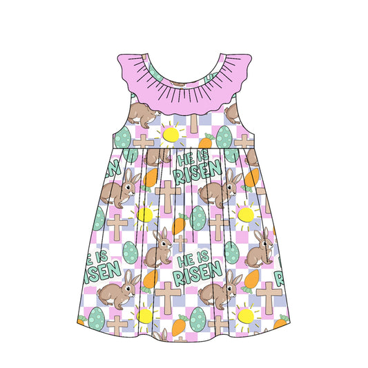MOQ 5 PCS Preorder GSD3550 Easter Bunny Cross Colored Eggs Plaid Purple Pink Ruffle Sleeveless Dresses for Girls 202601