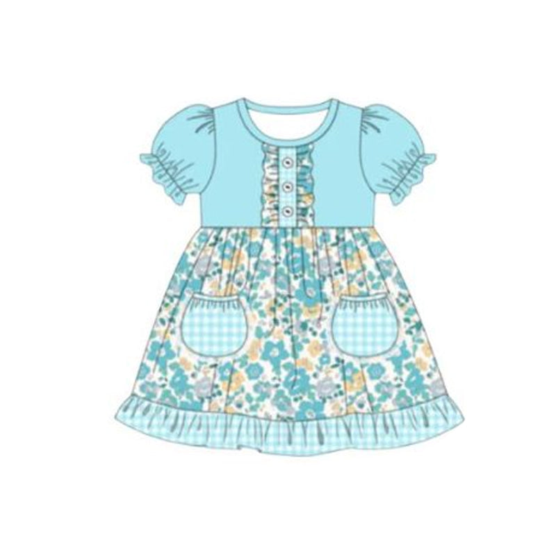 MOQ 5 PCS Preorder GSD3553 Flower Leaf Blue Plaid Pocket Ruffle Short Sleeve Dresses for Girls 202601
