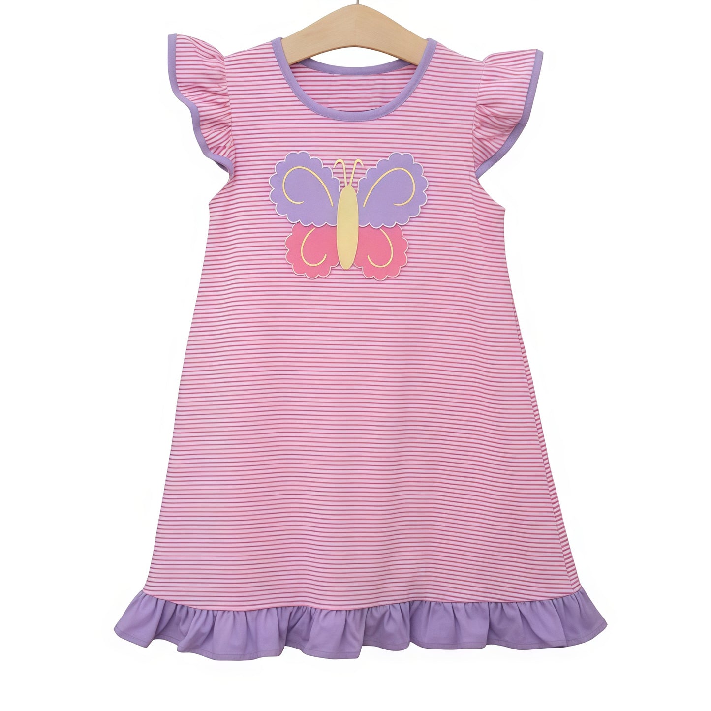 MOQ 5 PCS Preorder GSD3558 Butterfly Pattern Purple Ruffle Pink Stripe Flying Sleeve Dresses for Girls 202601