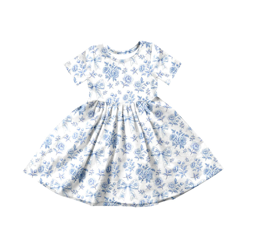 MOQ 5 PCS Preorder GSD3569 Blue Flowers Bows White Short Sleeve Dresses for Girls 202601