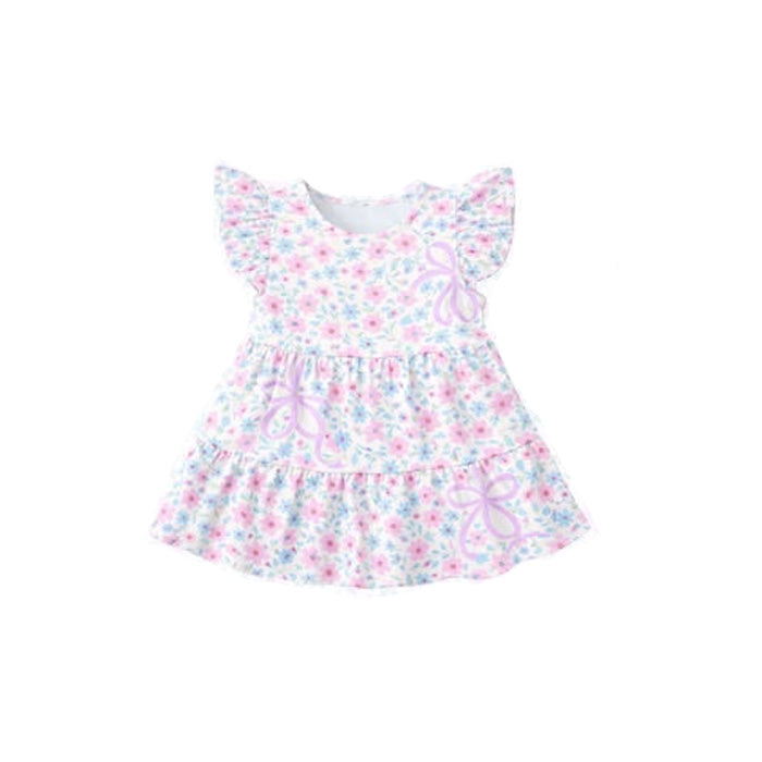 MOQ 5 PCS Preorder GSD3572 Purple Bows Flower Flying Sleeve Dresses for Girls 202601