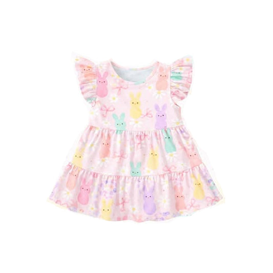 MOQ 5 PCS Preorder GSD3575 Easter Bunny Flower Bows Pink Flying Sleeve Dresses for Girls 202601