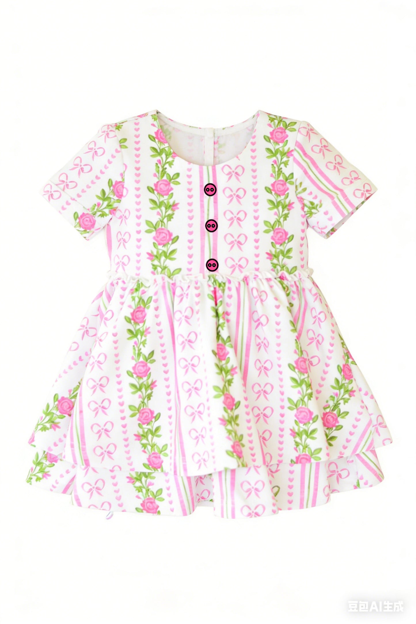 MOQ 5 PCS Preorder GSD3576 Flower Bows Love Pink Short Sleeve Dresses for Girls 202601