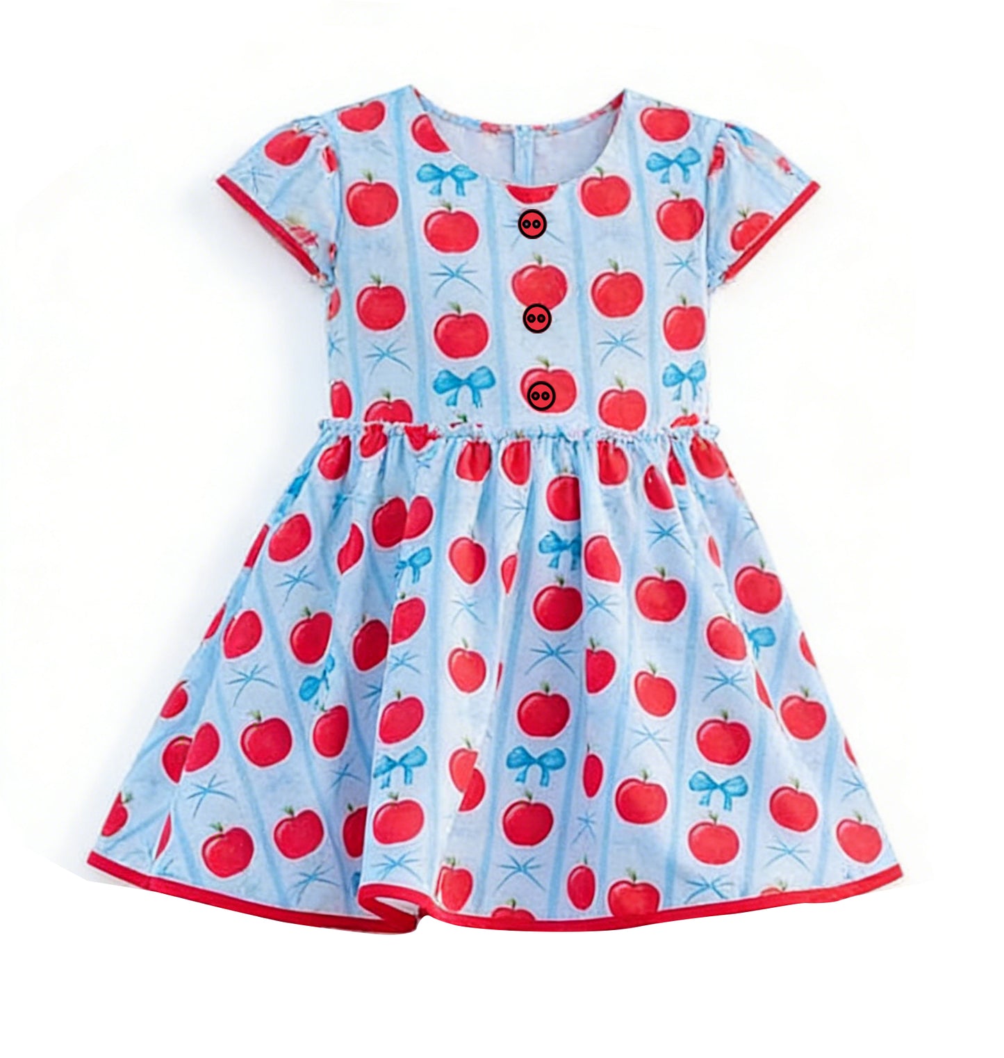 MOQ 5 PCS Preorder GSD3577 Back to School Red Apple Blue Bows Short Sleeve Dresses for Girls 202601