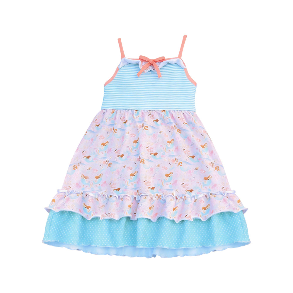 MOQ 5 PCS Preorder GSD3579 Mermaid Polka Dot Blue Ruffle Sleeveless Dresses for Girls 202601