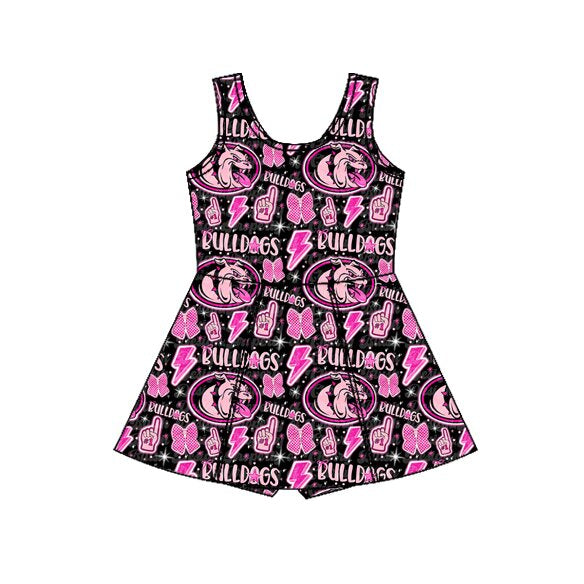 MOQ 5 preorder GSD3584 GO TEAM Bulldogs Letter Lightning Dog Bow Black Purple Yoga Sleeveless Dresses for Girls 202601