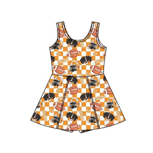MOQ 5 preorder GSD3585 GO TEAM Rugby Puppy Orange Plaid Yoga Sleeveless Dresses for Girls 202601