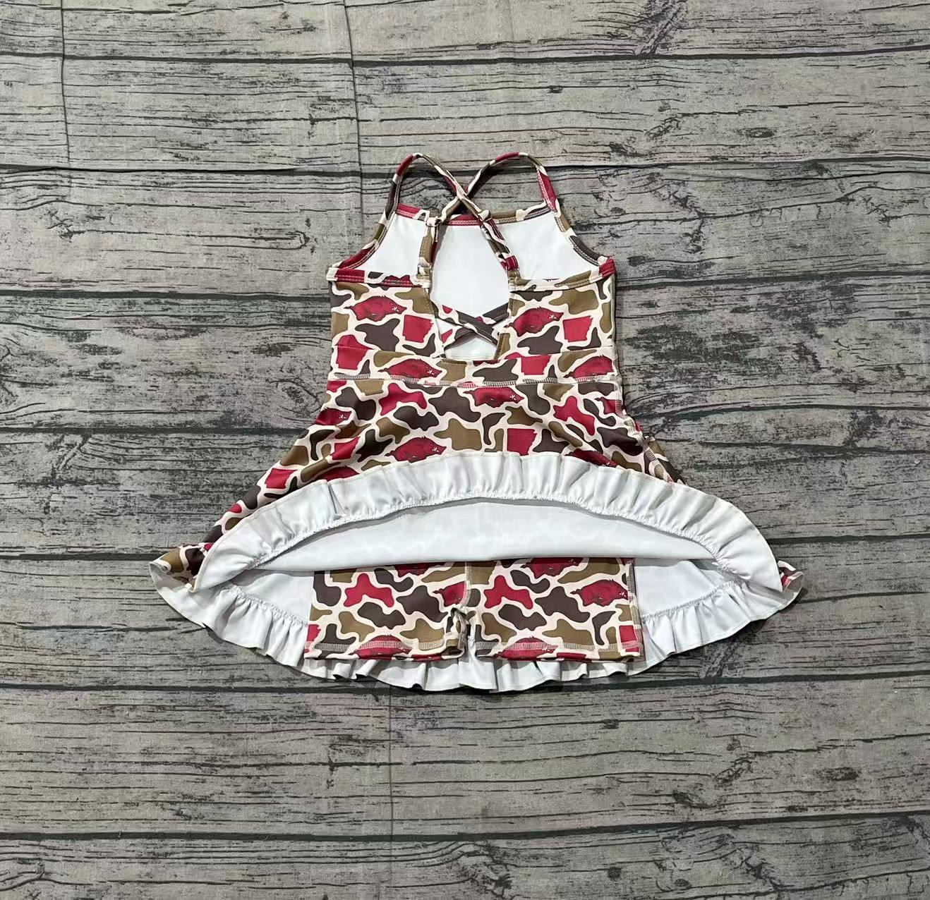 NO MOQ preorder GSD3587 GO TEAM Wild Boar Red and Green Camouflage Yoga Sleeveless Dresses for Girls 202601