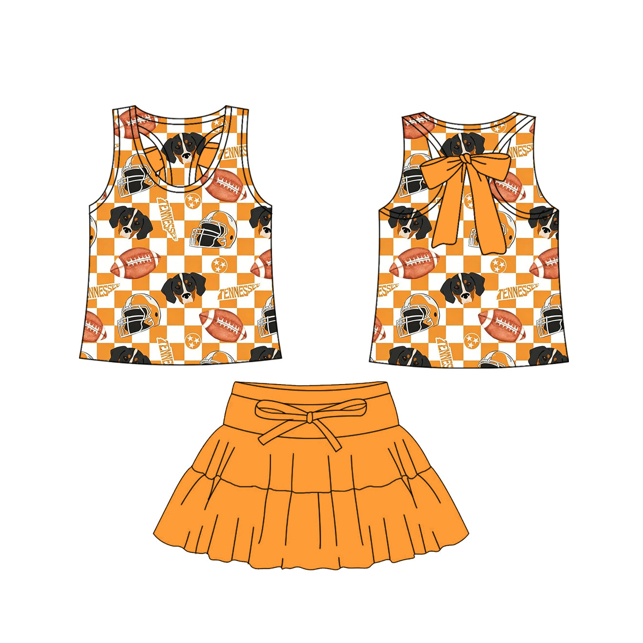 MOQ 5 preorder GSD3597 GO TEAM Puppy Rugby Star Bows Orange Plaid Sleeveless Top with Skirts for Girls Yoga Sets 202601