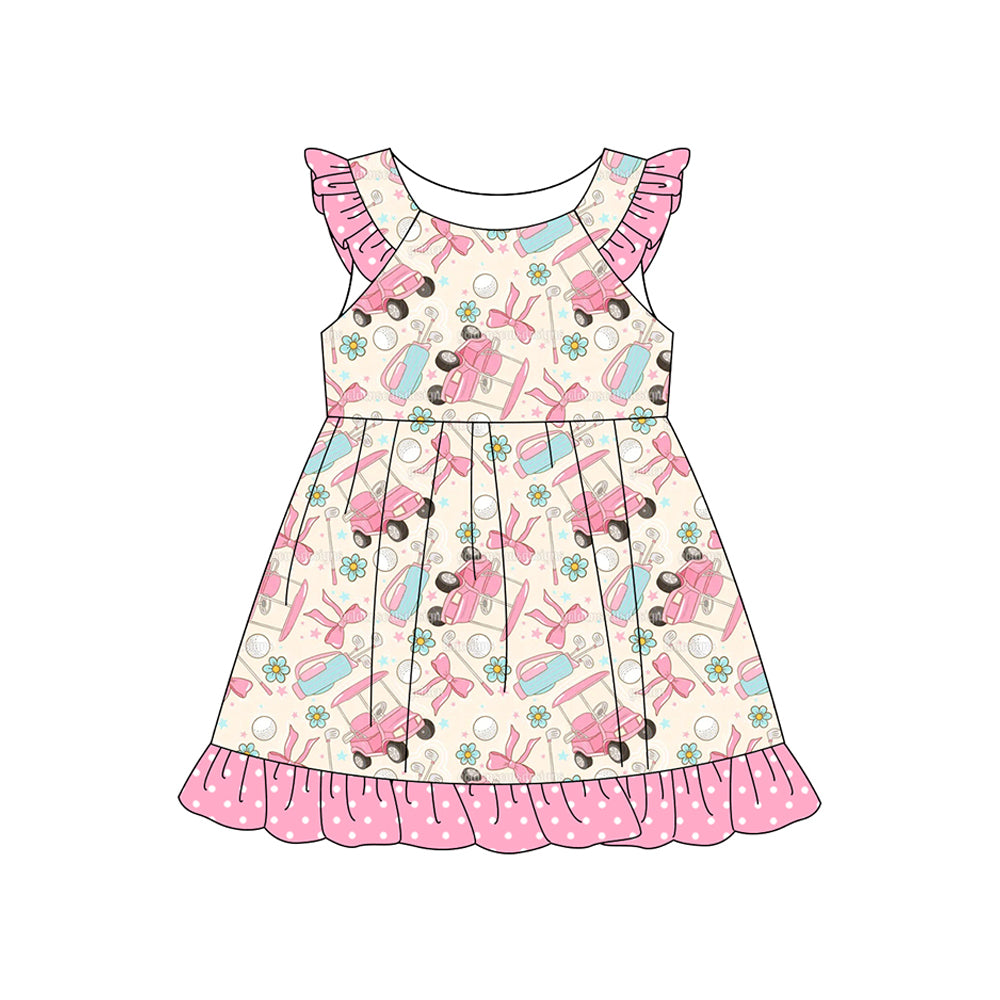 MOQ 5 PCS Preorder GSD3598 Golf Flower Bows Pink Ruffle Flying Sleeve Dresses for Girls 202601