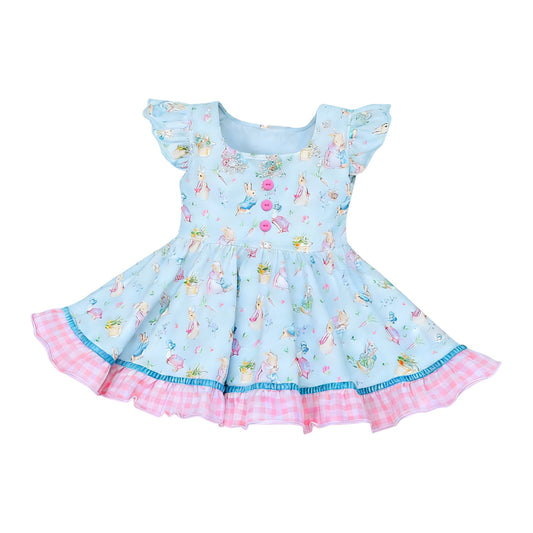 MOQ 5 PCS Preorder GSD3600 Easter Bunny Pink Plaid Ruffle Blue Flying Sleeve Dresses for Girls 202601