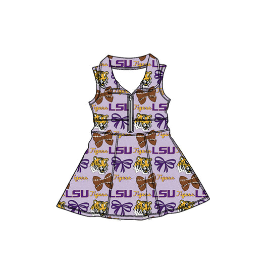 MOQ 5 preorder GSD3604 GO TEAM Tigers LSU Bow Purple Polo Yoga Sleeveless Dresses for Girls 202601