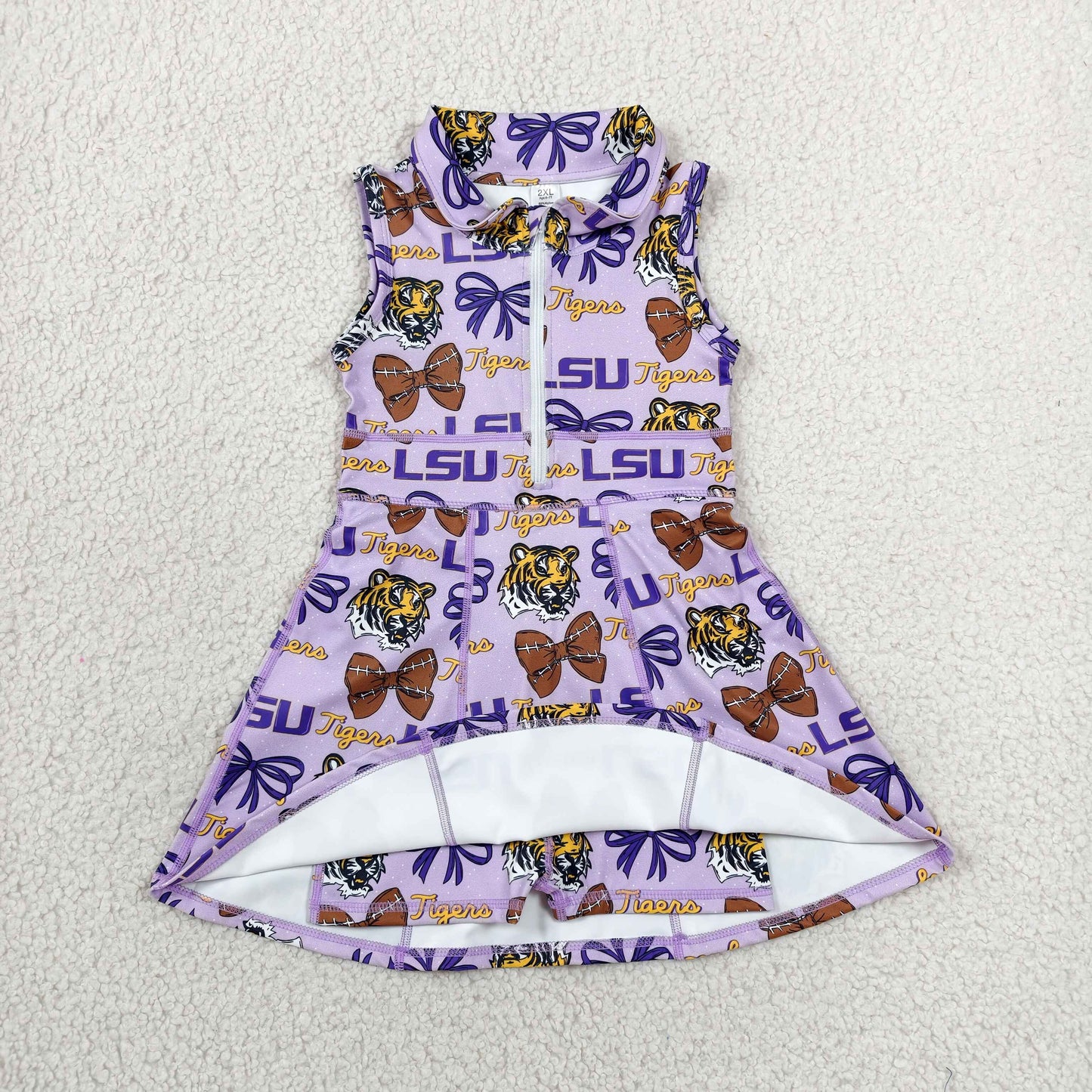 GSD3604 GO TEAM Tigers LSU Bow Purple Polo Yoga Sleeveless Dresses for Girls 202606 RTS