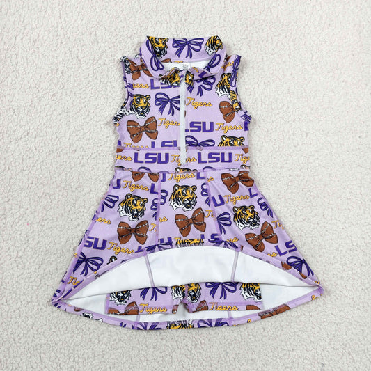 GSD3604 GO TEAM Tigers LSU Bow Purple Polo Yoga Sleeveless Dresses for Girls 202606 RTS