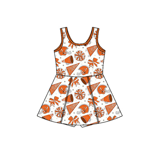 MOQ 5 preorder GSD3605 GO TEAM Touchdown Speaker Helmet Bow Orange White Yoga Sleeveless Dresses for Girls 202601