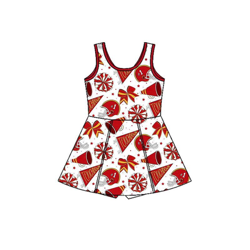 MOQ 5 preorder GSD3607 GO TEAM Touchdown Speaker Helmet Bow Red White Yoga Sleeveless Dresses for Girls 202601