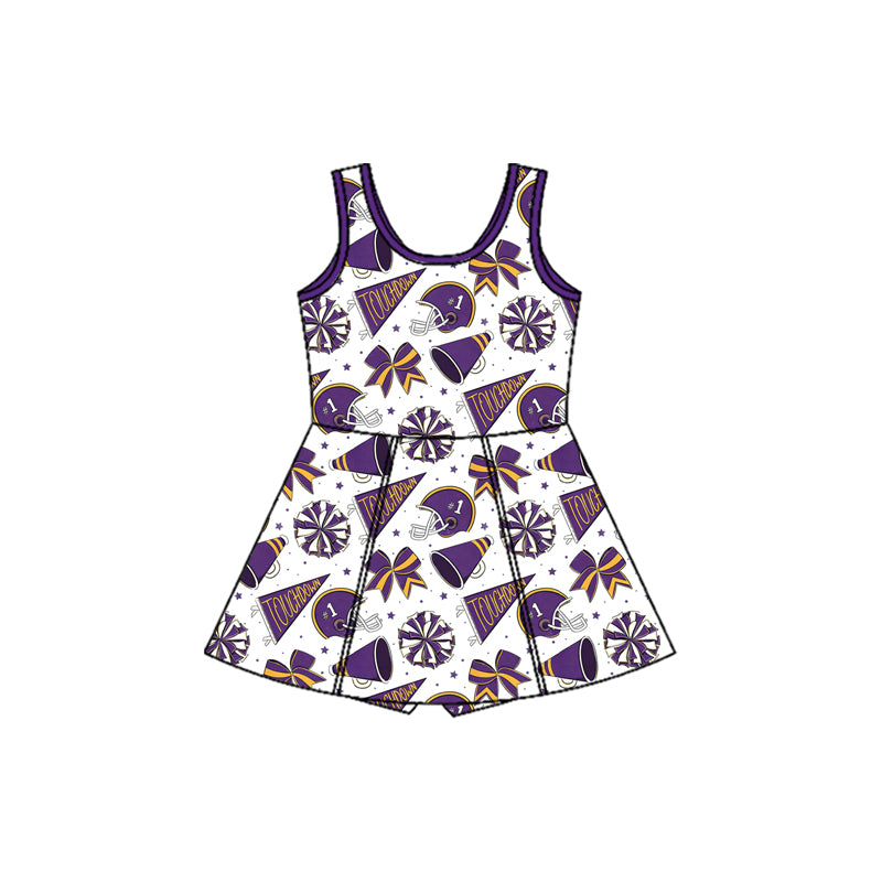 MOQ 5 preorder GSD3608 GO TEAM Touchdown Speaker Helmet Bow Purple White Yoga Sleeveless Dresses for Girls 202601