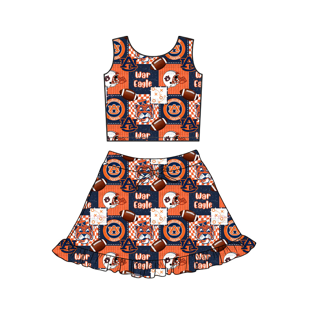 MOQ 5 preorder GSD3611 GO TEAM War Eagle Plaid Orange Blue Sleeveless Top with Skirts for Girls Yoga Sets 202601