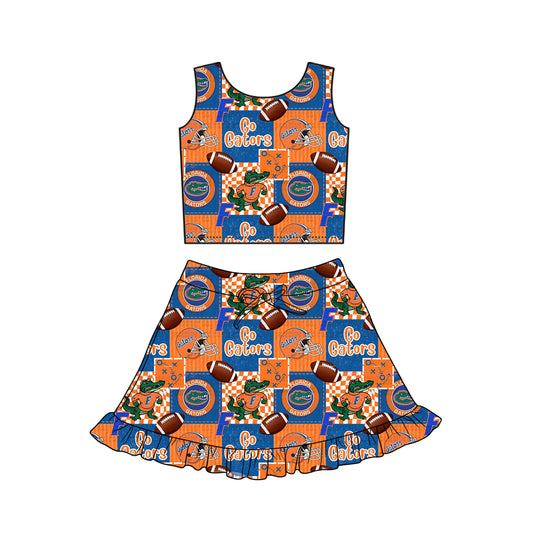 MOQ 5 preorder GSD3612 GO TEAM Crocodile Gators Plaid Blue Orange Sleeveless Top with Skirts for Girls Yoga Sets 202601