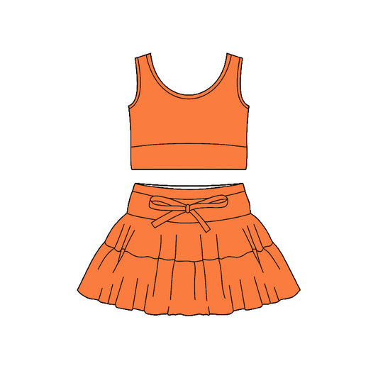 MOQ 5 PCS preorder GSD3616 Solid Orange Sleeveless Top with Skirts for Girls Yoga Sets 202601