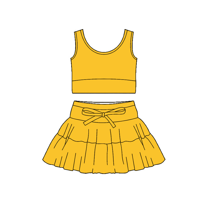 MOQ 5 PCS preorder GSD3618 Solid Yellow Sleeveless Top with Skirts for Girls Yoga Sets 202601