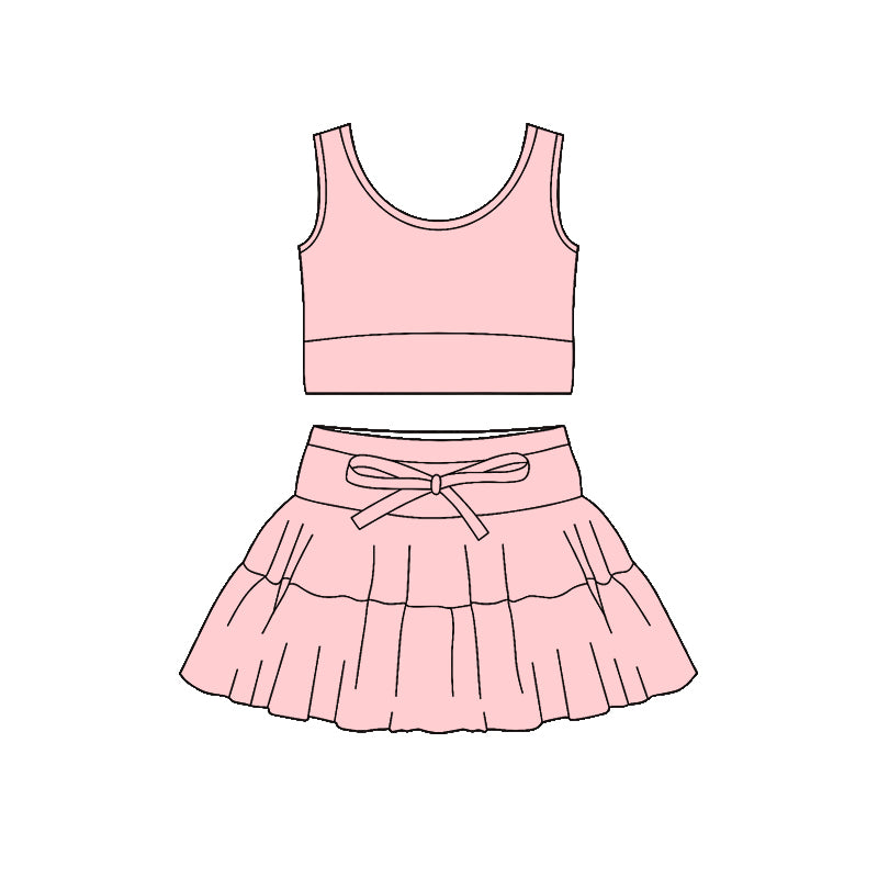 MOQ 5 PCS preorder GSD3621 Solid Pink Sleeveless Top with Skirts for Girls Yoga Sets 202601