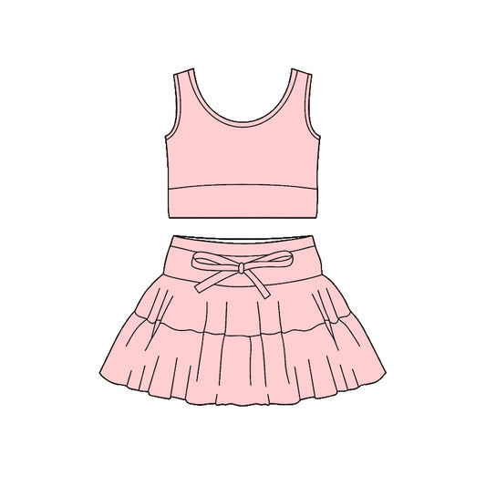 MOQ 5 PCS preorder GSD3621 Solid Pink Sleeveless Top with Skirts for Girls Yoga Sets 202601