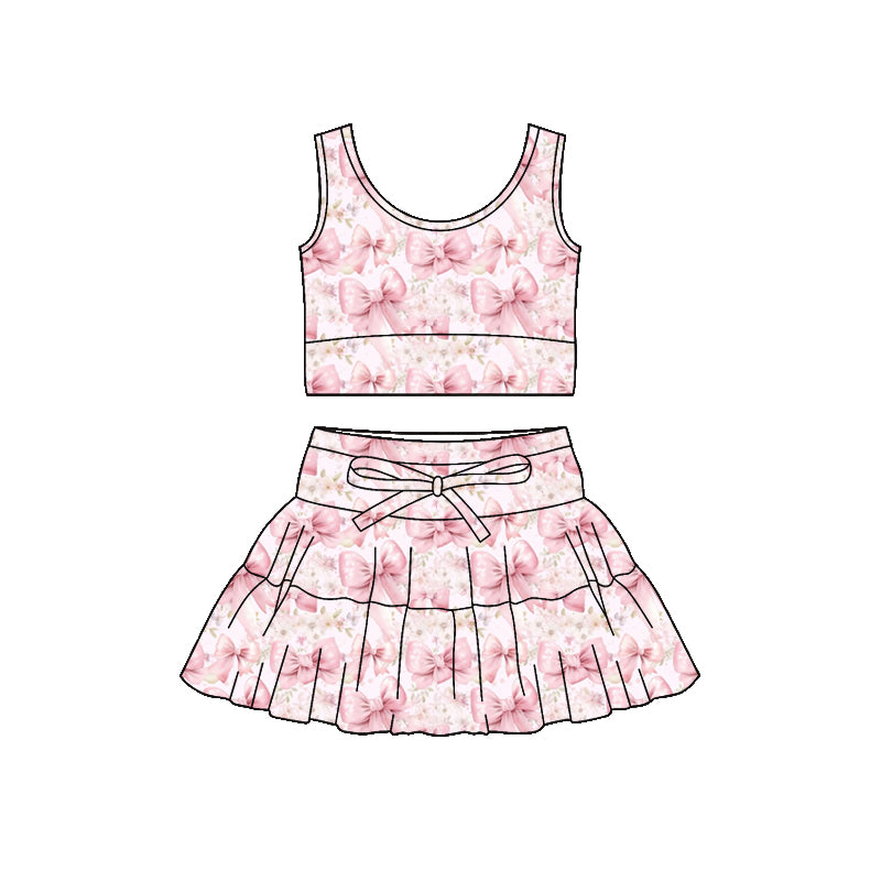 MOQ 5 PCS preorder GSD3625 Pink Bows Sleeveless Top with Skirts for Girls Yoga Sets 202601