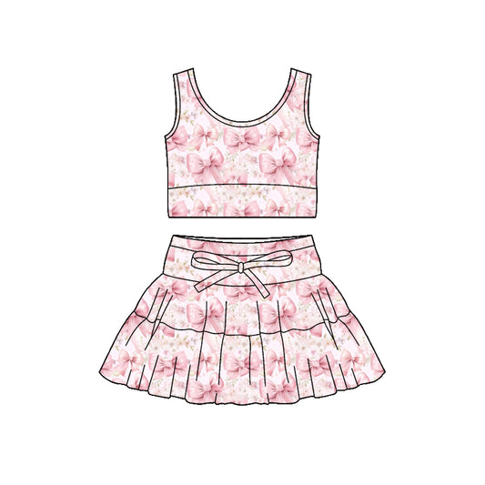 MOQ 5 PCS preorder GSD3625 Pink Bows Sleeveless Top with Skirts for Girls Yoga Sets 202601