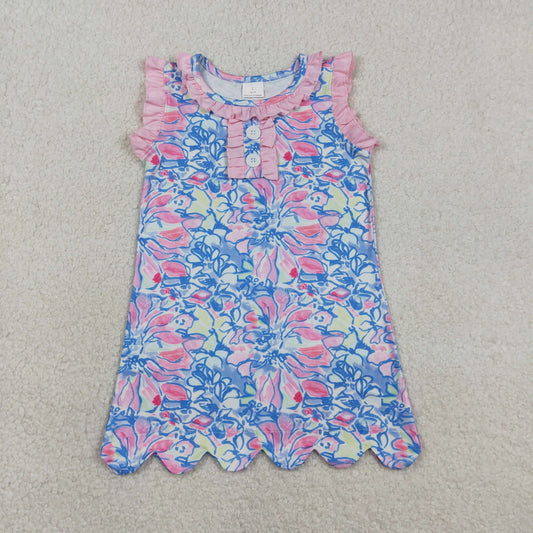 GSD3627 Blue Green Flower Pink Ruffle Sleeveless Dresses for Girls 202603 RTS